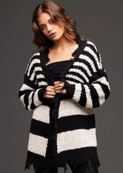 Pretty Attitude Black And White Striped Distressed Knit Cardigan