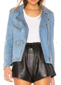 Pretty Attitude Blue Denim Moto Jean Jacket With Studs