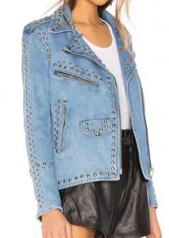 Pretty Attitude Blue Denim Moto Jean Jacket With Studs