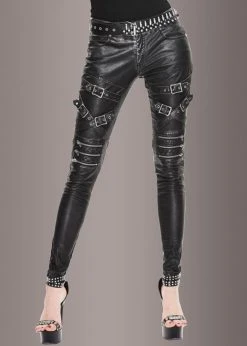 Pretty Attitude Blackend Faux Leather Pants With Zippers And Buckles Black Label