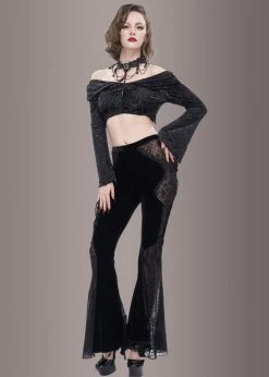 Pretty Attitude Black Velvet Bell Bottoms With Lace Up And See Through Details