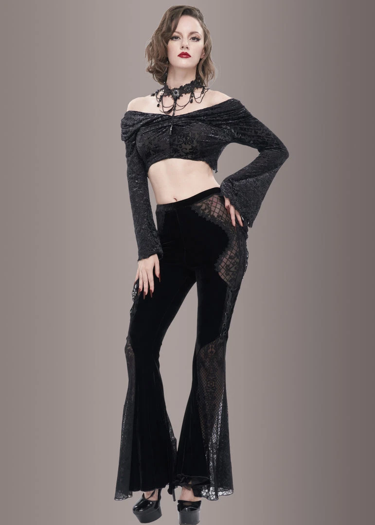 Pretty Attitude Black Velvet Bell Bottoms With Lace Up And See Through Details