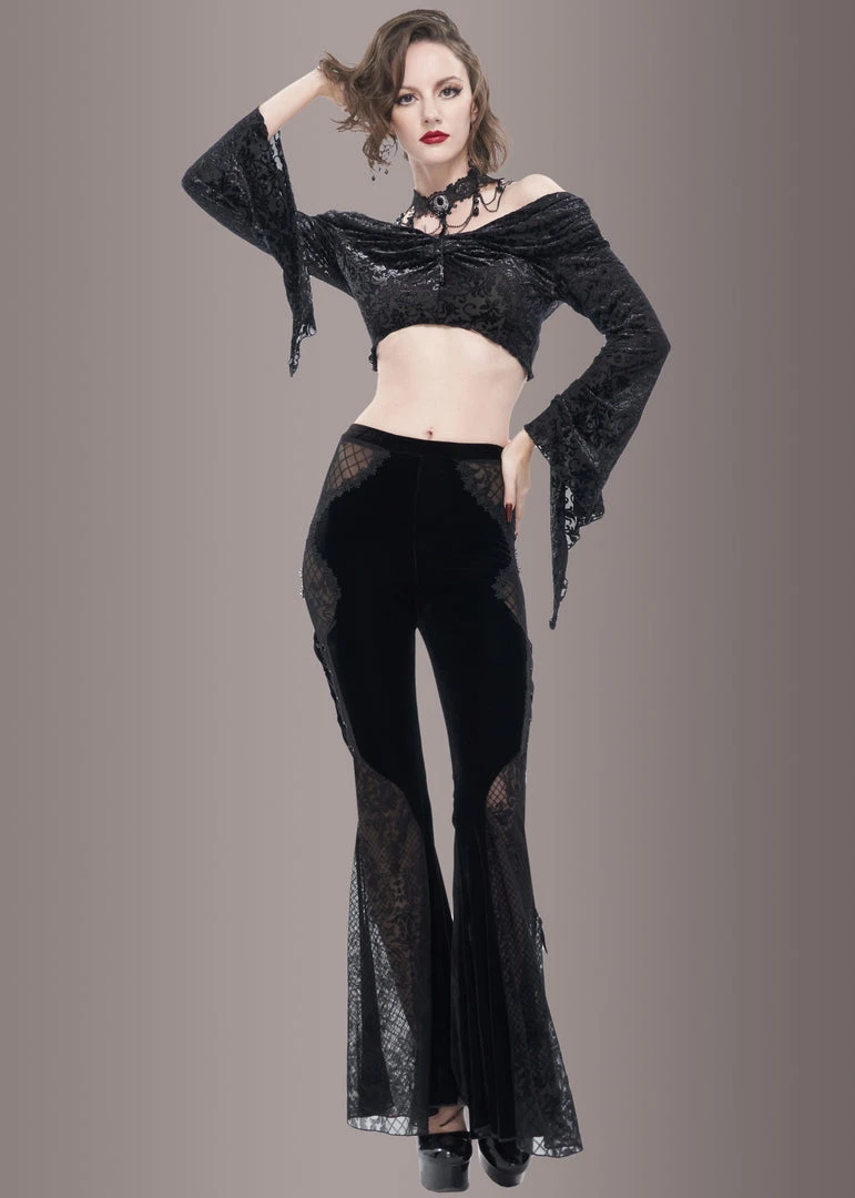 Pretty Attitude Black Velvet Bell Bottoms With Lace Up And See Through Details