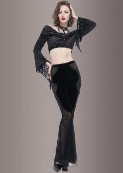 Pretty Attitude Black Velvet Bell Bottoms With Lace Up And See Through Details