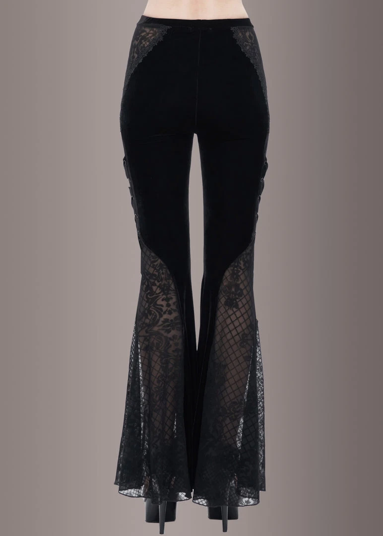 Pretty Attitude Black Velvet Bell Bottoms With Lace Up And See Through Details