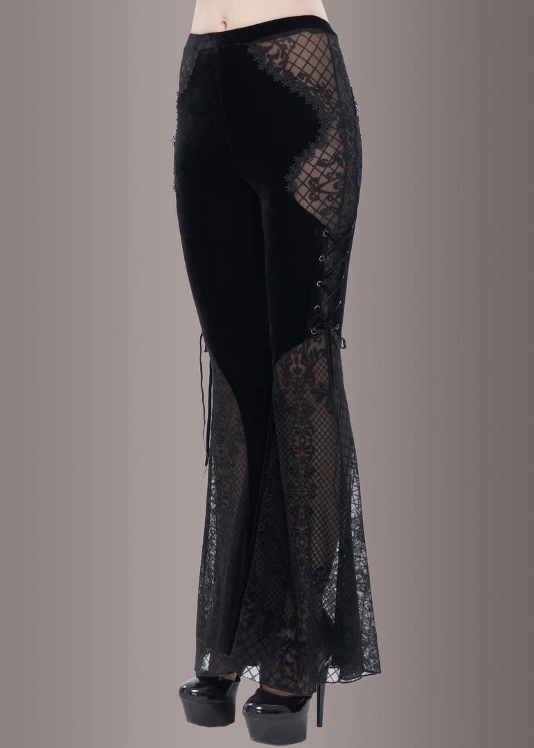 Pretty Attitude Black Velvet Bell Bottoms With Lace Up And See Through Details