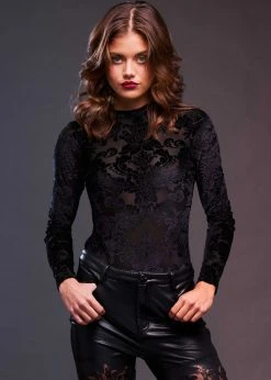 Pretty Attitude Black Label Mesh Long Sleeve Bodysuit With Velvet Brocade Design