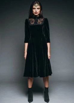 Pretty Attitude Black Label Dark Empress Black Velvet High Collar Dress With Lace Details