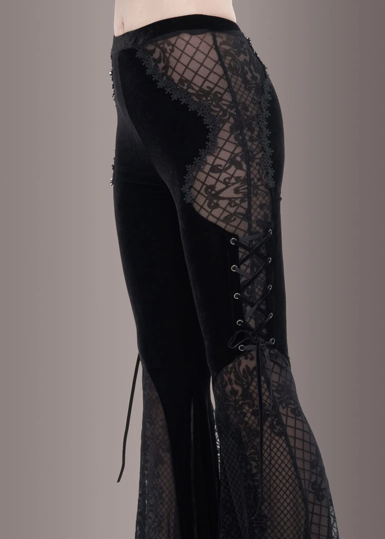 Pretty Attitude Black Velvet Bell Bottoms With Lace Up And See Through Details