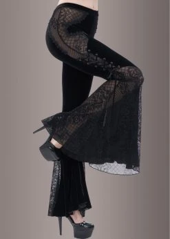 Pretty Attitude Black Velvet Bell Bottoms With Lace Up And See Through Details