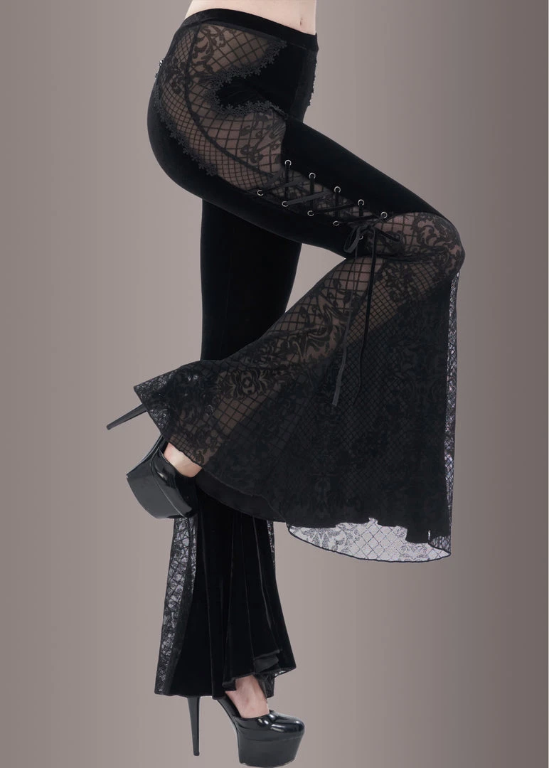 Pretty Attitude Black Velvet Bell Bottoms With Lace Up And See Through Details