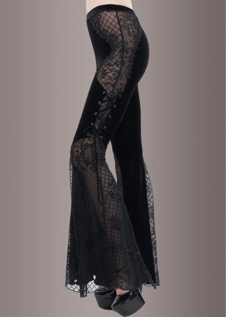 Pretty Attitude Black Velvet Bell Bottoms With Lace Up And See Through Details