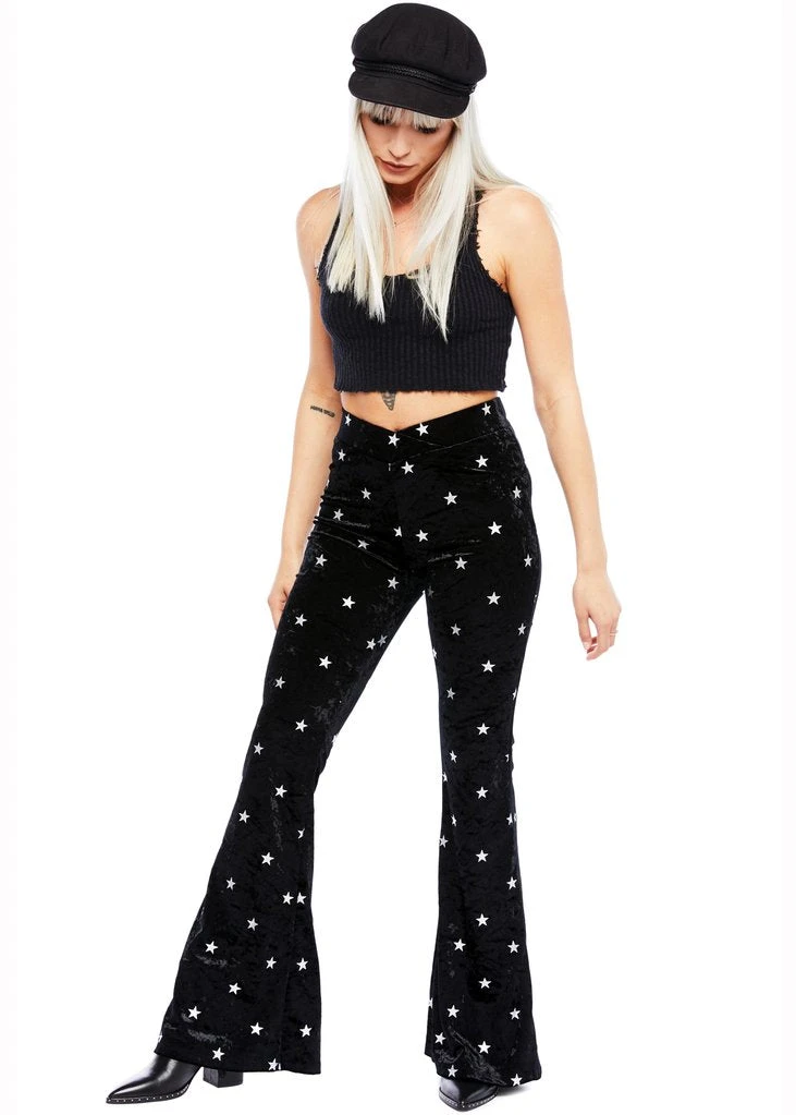 Pretty Attitude Starlight Black Velvet Flared Bell Bottom Pants White Label