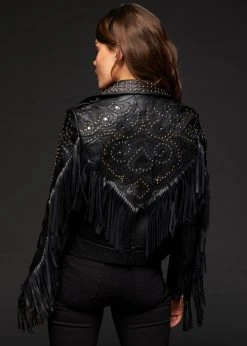 Pretty Attitude Riders In The Sky Vegan Leather Moto Jacket With Studs And Fringe