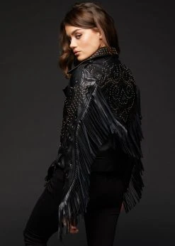 Pretty Attitude Riders In The Sky Vegan Leather Moto Jacket With Studs And Fringe