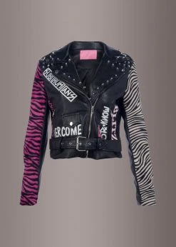 Azalea Wang Zebra Print Moto Jacket With Graffiti Design Black Label
