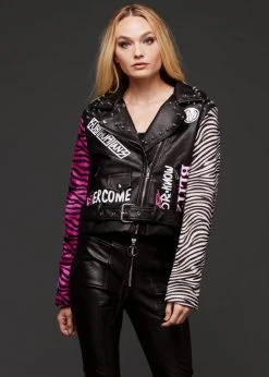 Azalea Wang Zebra Print Moto Jacket With Graffiti Design Black Label